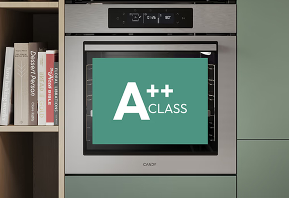 Απεικονίζεται ετικέτα της ενεργειακής απόδοσης πάνω στον φούρνο.